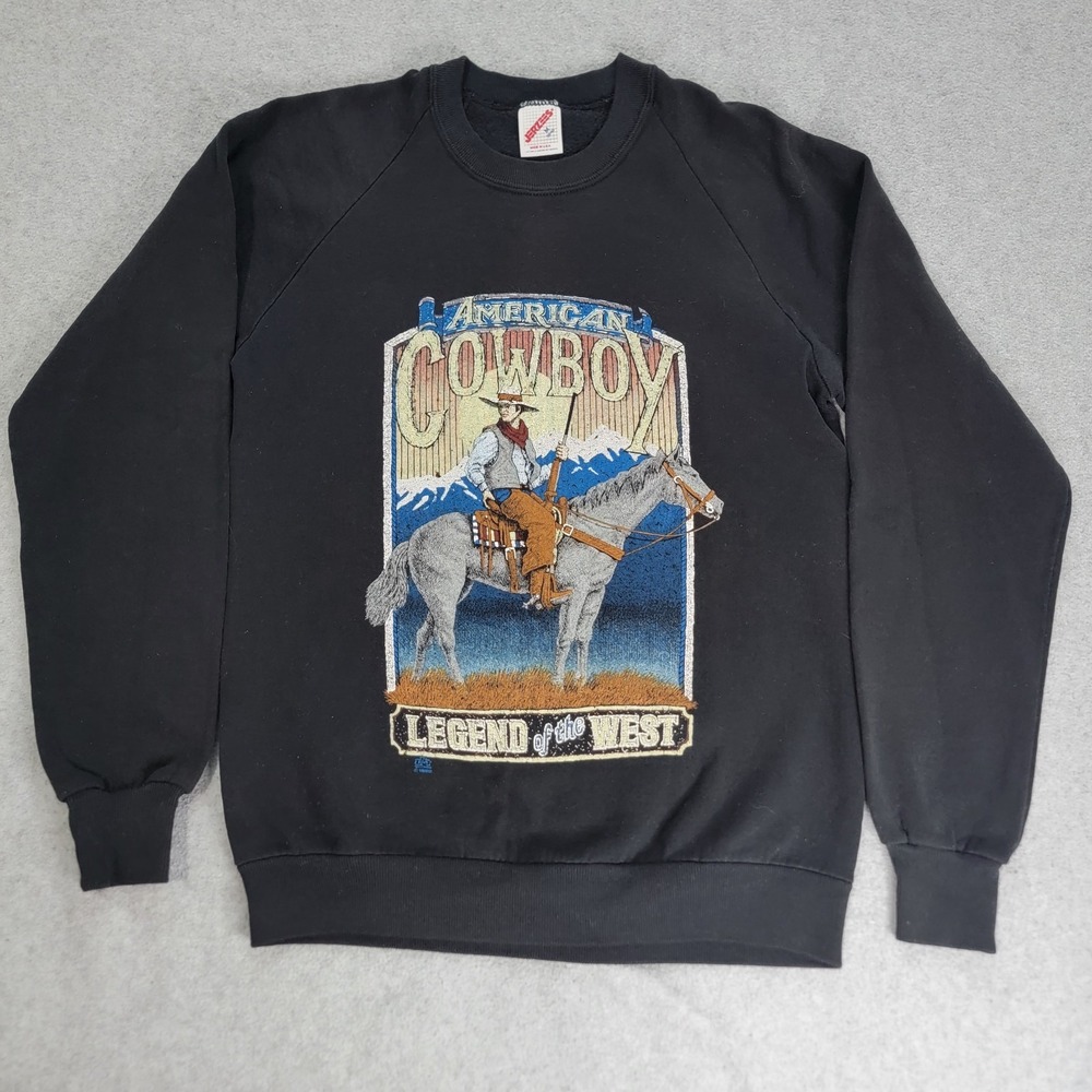 Vintage Jerzees Cowboy Crewneck Sweatshirt Black Men's Small Retro Long Sleeve